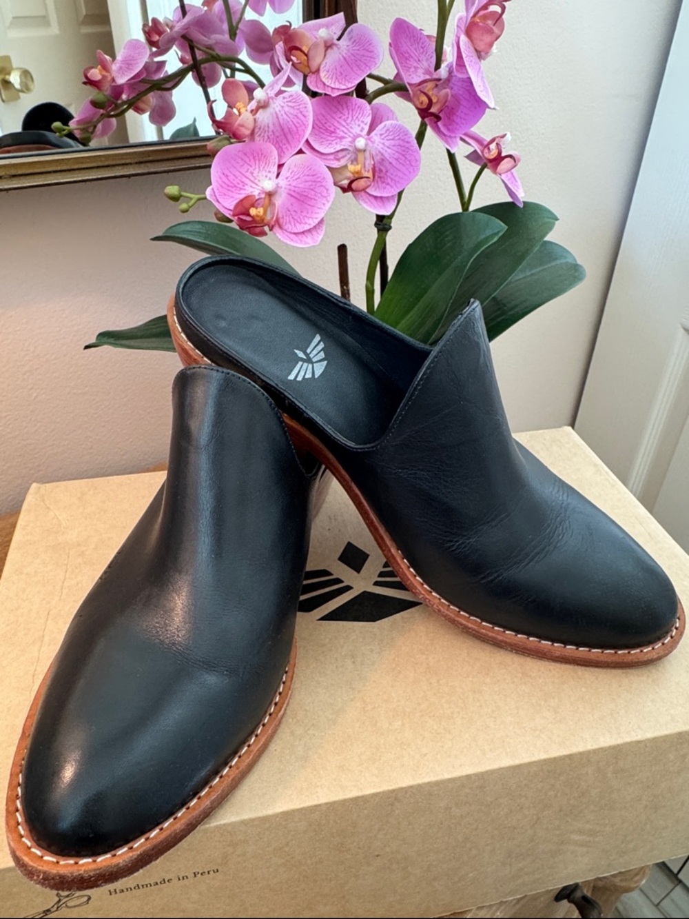 Black Leather Mules